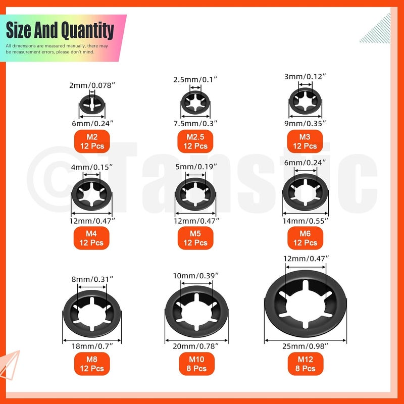 Tanstic 260Pcs Internal Tooth Star Lock Washers and E-Clip Push On Locking Washers Quick Speed Locking Washers External Retaining Ring with Tweezers for Machinery Equipment, Bearings, Shafts - Image 3